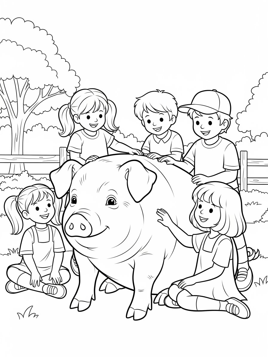 Desenho de Porco Realista com Crianças para colorir
