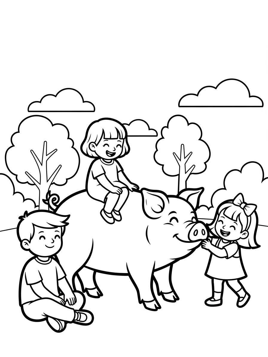 Desenho de Porco Simples com Crianças para colorir