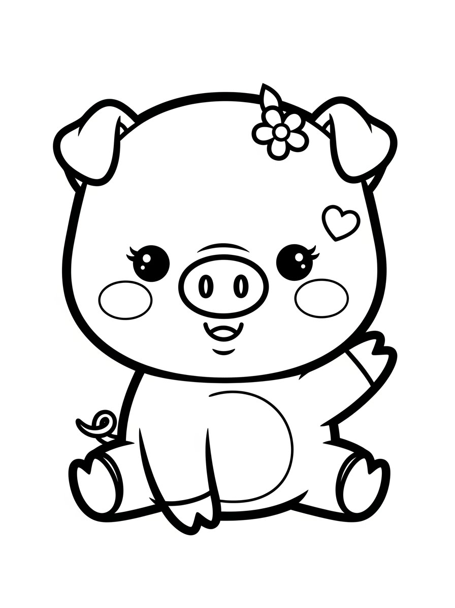 Desenho de Porco Fofa com Flor para colorir