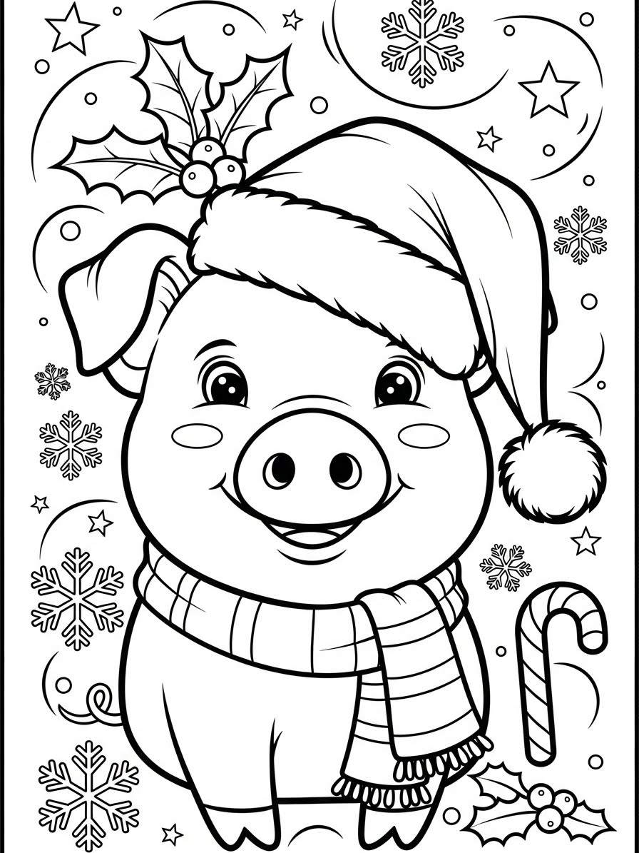 Desenho de Porco Fofo com Chapéu de Natal para colorir