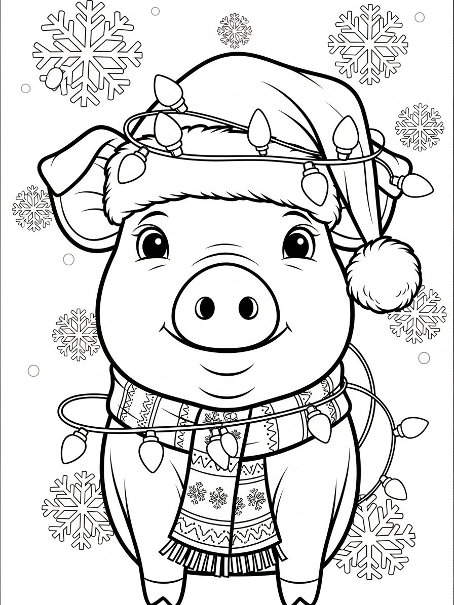 Desenho de Porco Fofa com ornamentação natalina para colorir