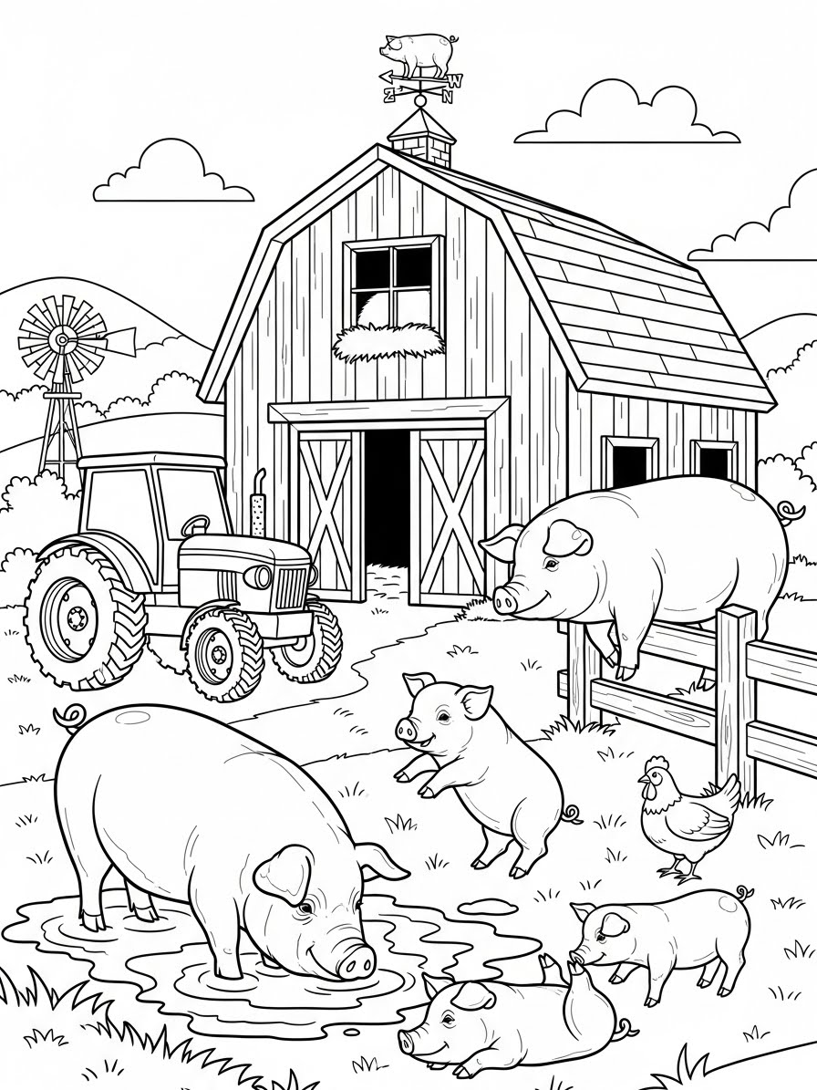 Desenho de Porco Realista em Fazenda para colorir