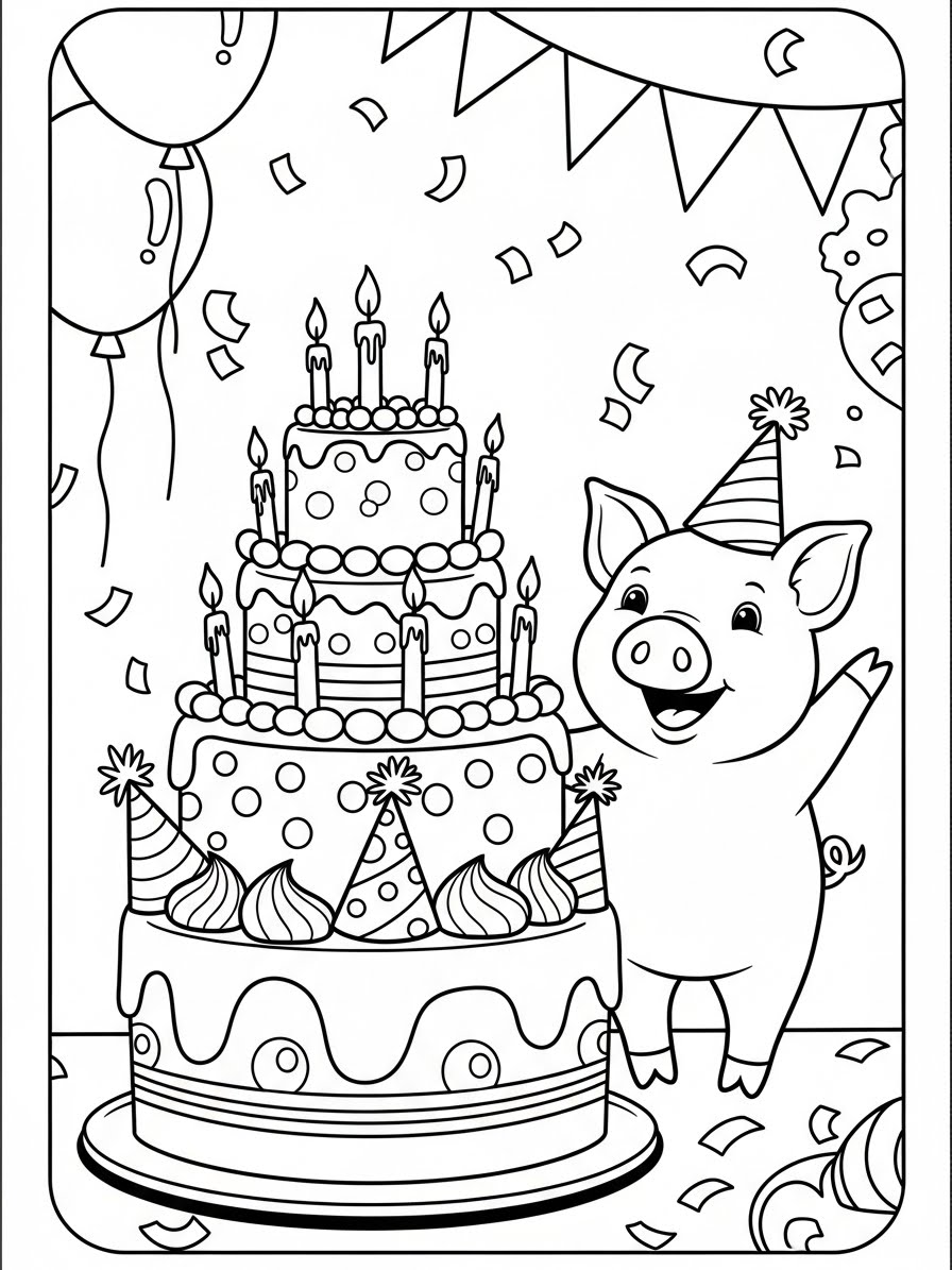 Desenho de Porco Fofinho com Bolo para colorir