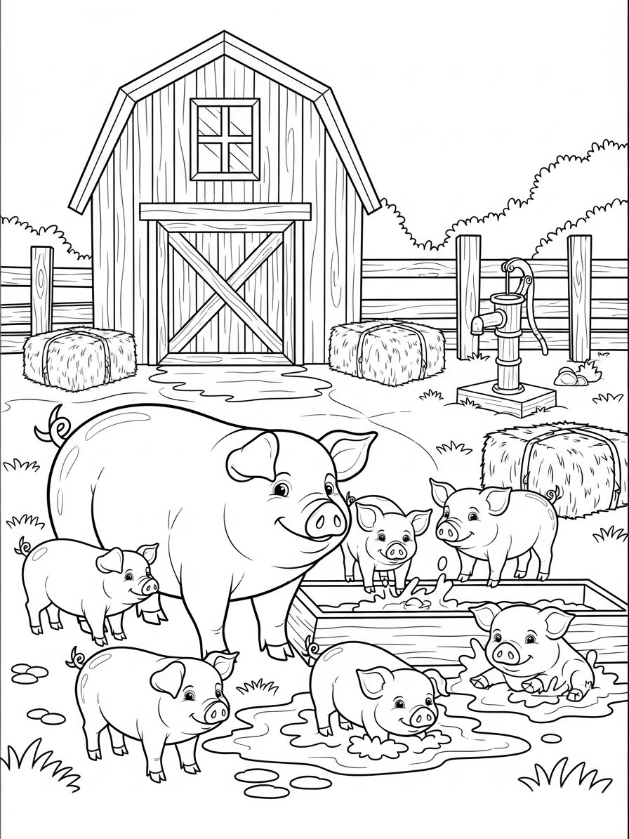 Desenho de Porco Grande e Filhotes em Fazenda para colorir