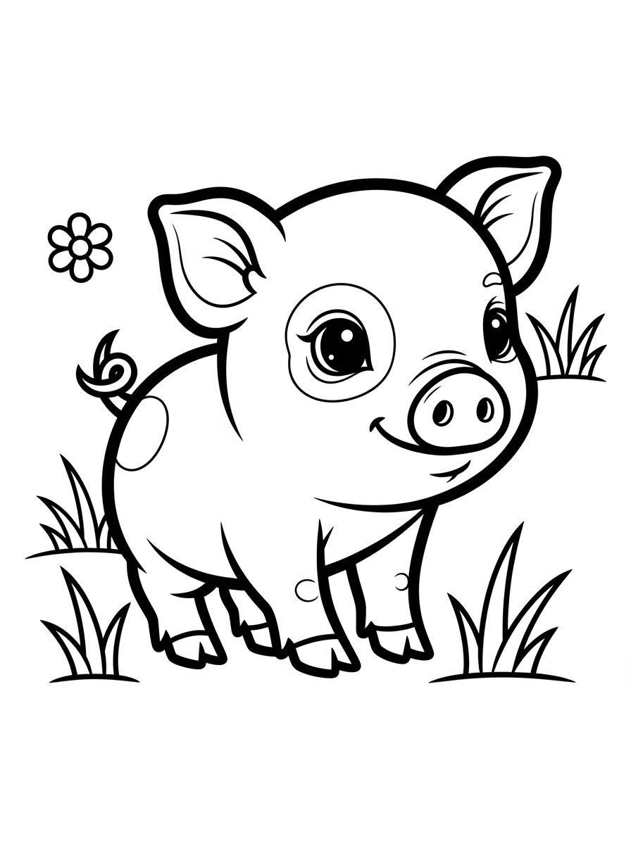 Desenho de Porco Fofo com Flor para colorir