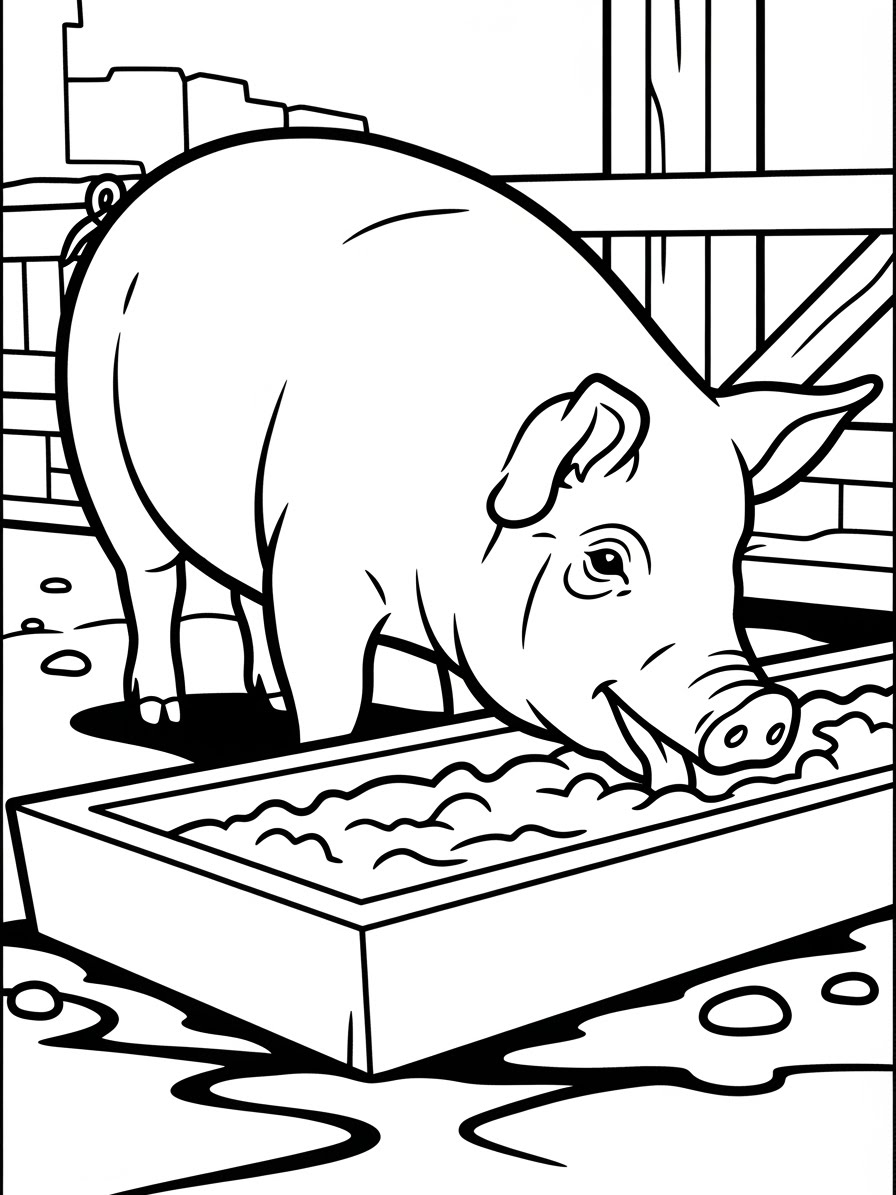 Desenho de Porco Realista com comedouro para colorir