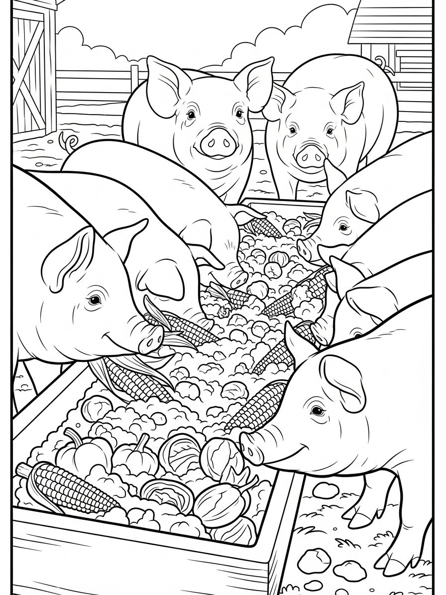 Desenho de Porco Realista em grupo para colorir