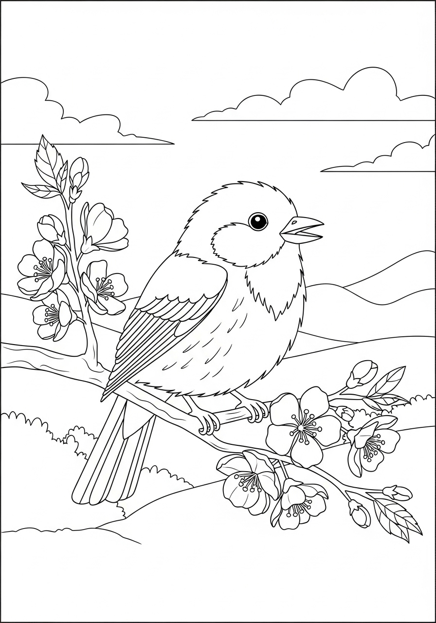 Desenho de Primavera com passarinho e flores para colorir