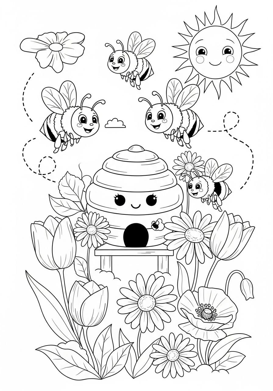 Desenho de Primavera com abelhas flores e um sol sorridente