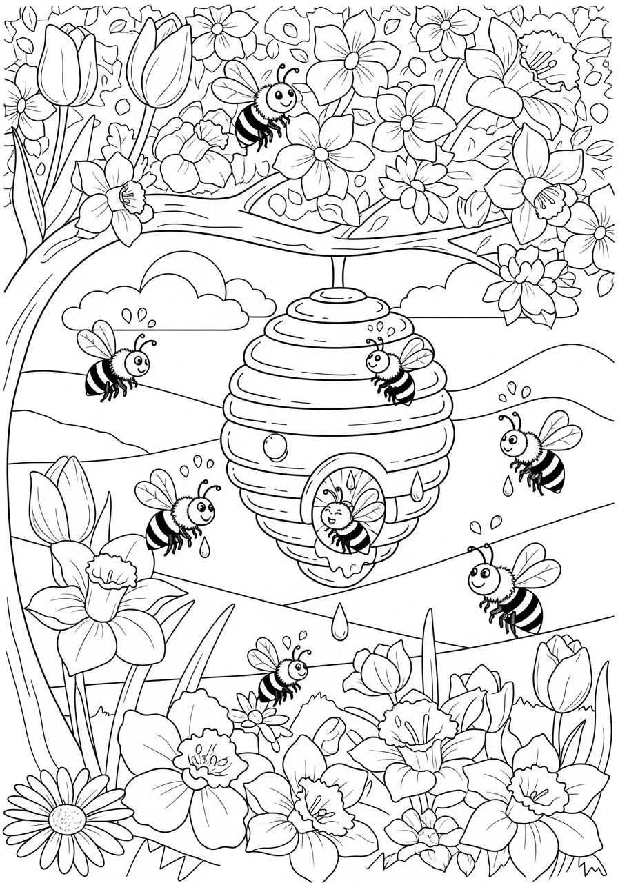 Desenho de Primavera com abelhas e flores para colorir