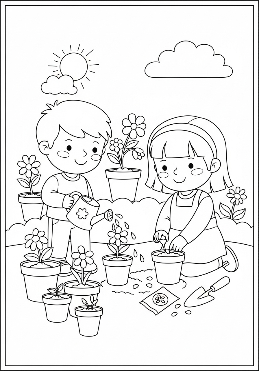 Desenho de Primavera com crianças plantando flores para colorir