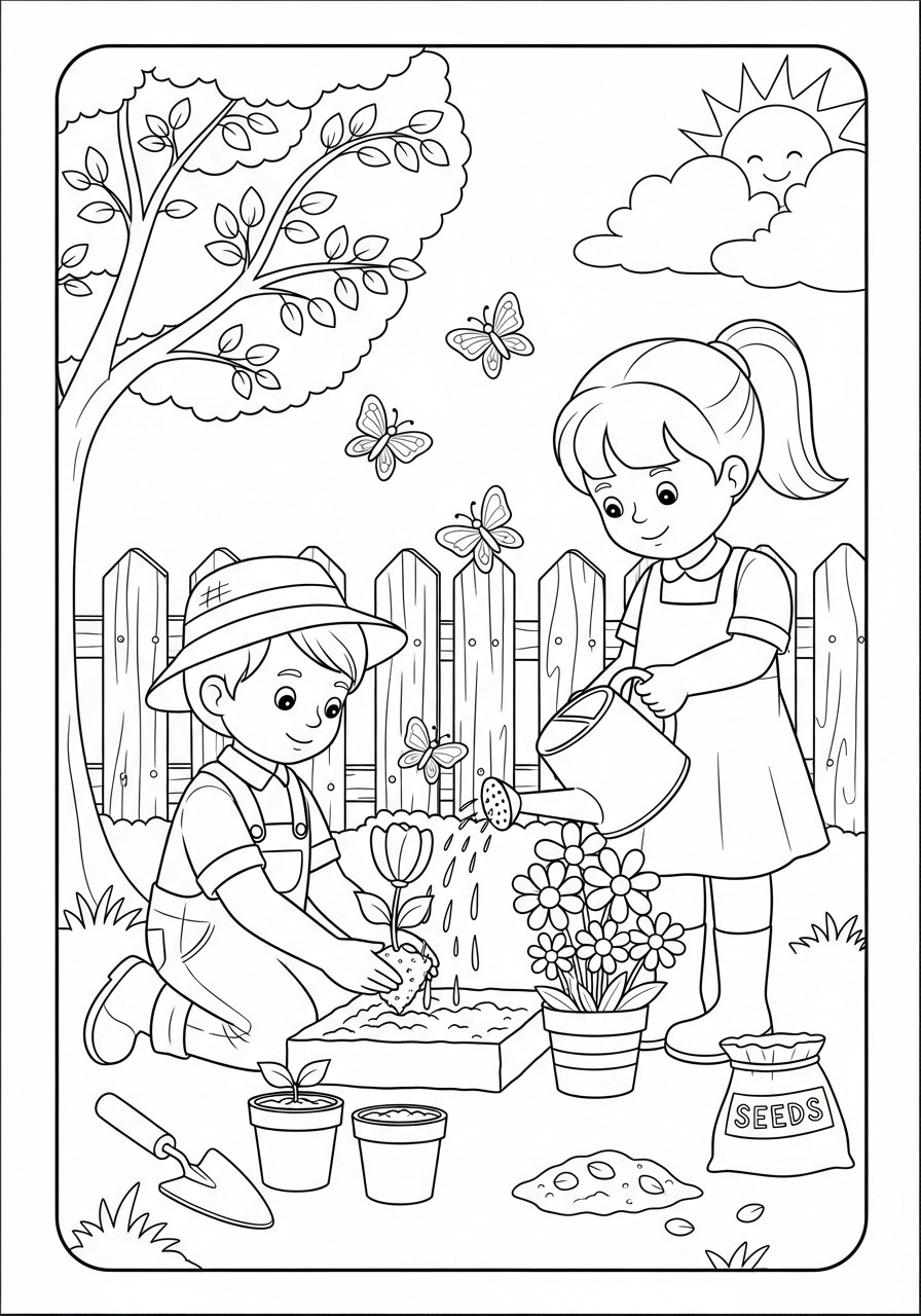 Desenho de Primavera com crianças plantando flores para colorir