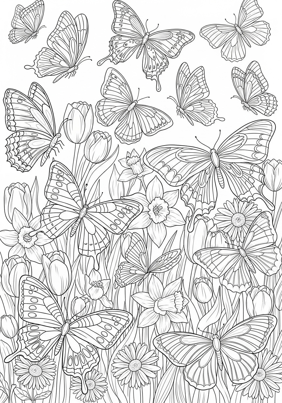 Desenho de Primavera com borboletas e flores para colorir