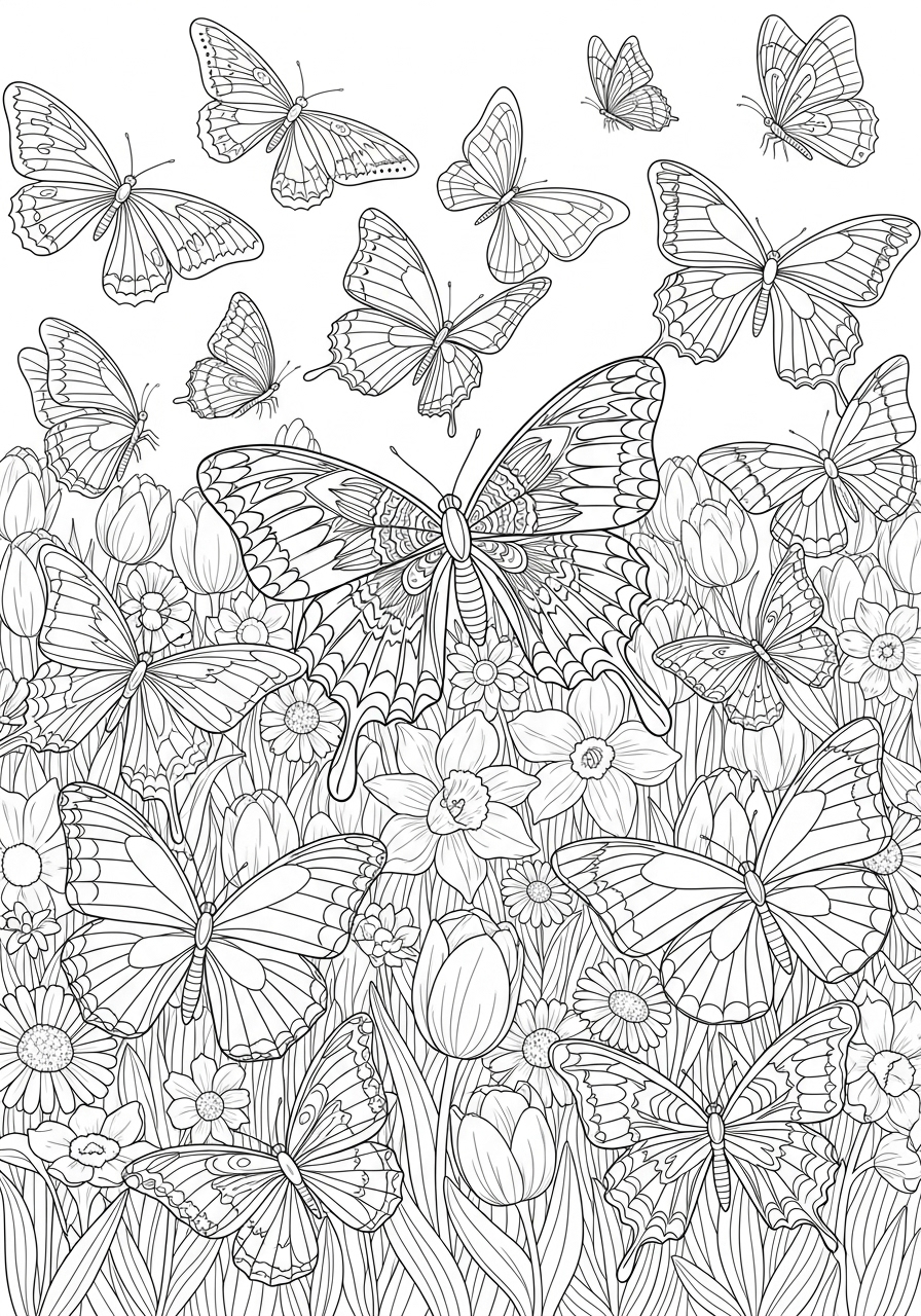 Desenho de Primavera com borboletas e flores para colorir