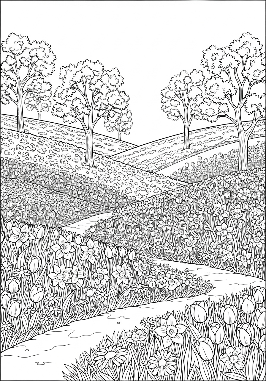 Desenho de Primavera com flores e árvores para colorir