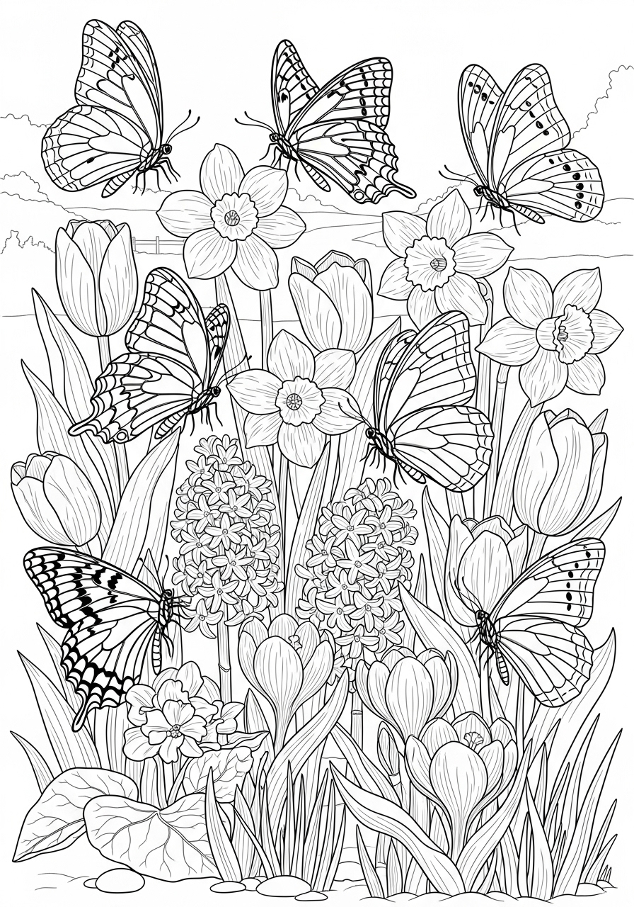 Desenho de Primavera com borboletas e flores para colorir