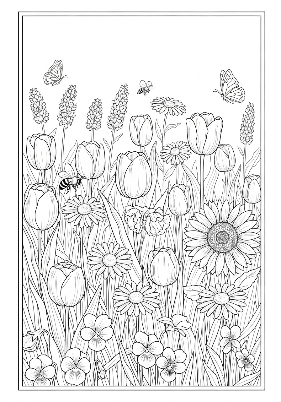 Desenho de Primavera com flores e insetos para colorir