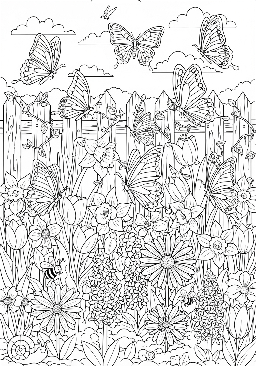 Desenho de Primavera com flores e borboletas para colorir