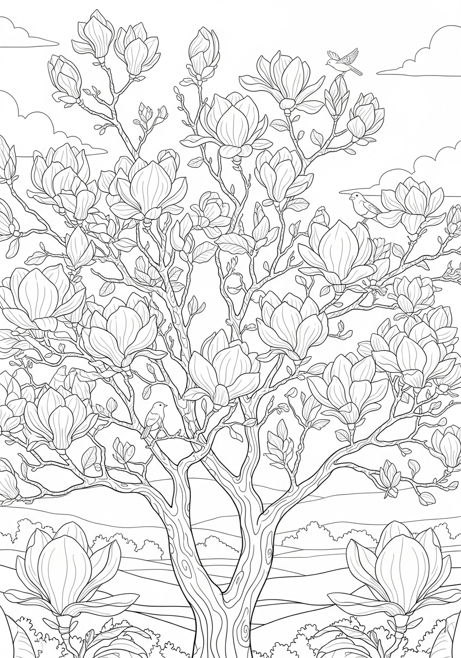 Desenho de uma árvore de magnólia com flores para colorir