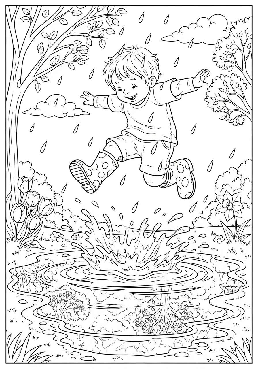 Desenho de Primavera menino pulando em poça de água