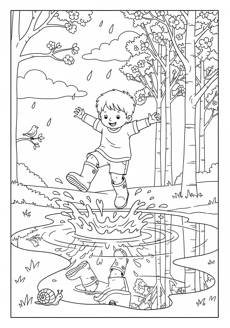 Desenho de Primavera com menino pulando em poça dágua
