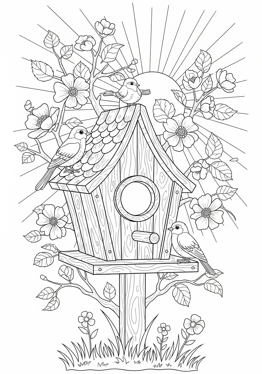 Desenho de Primavera de casa de pássaros com flores