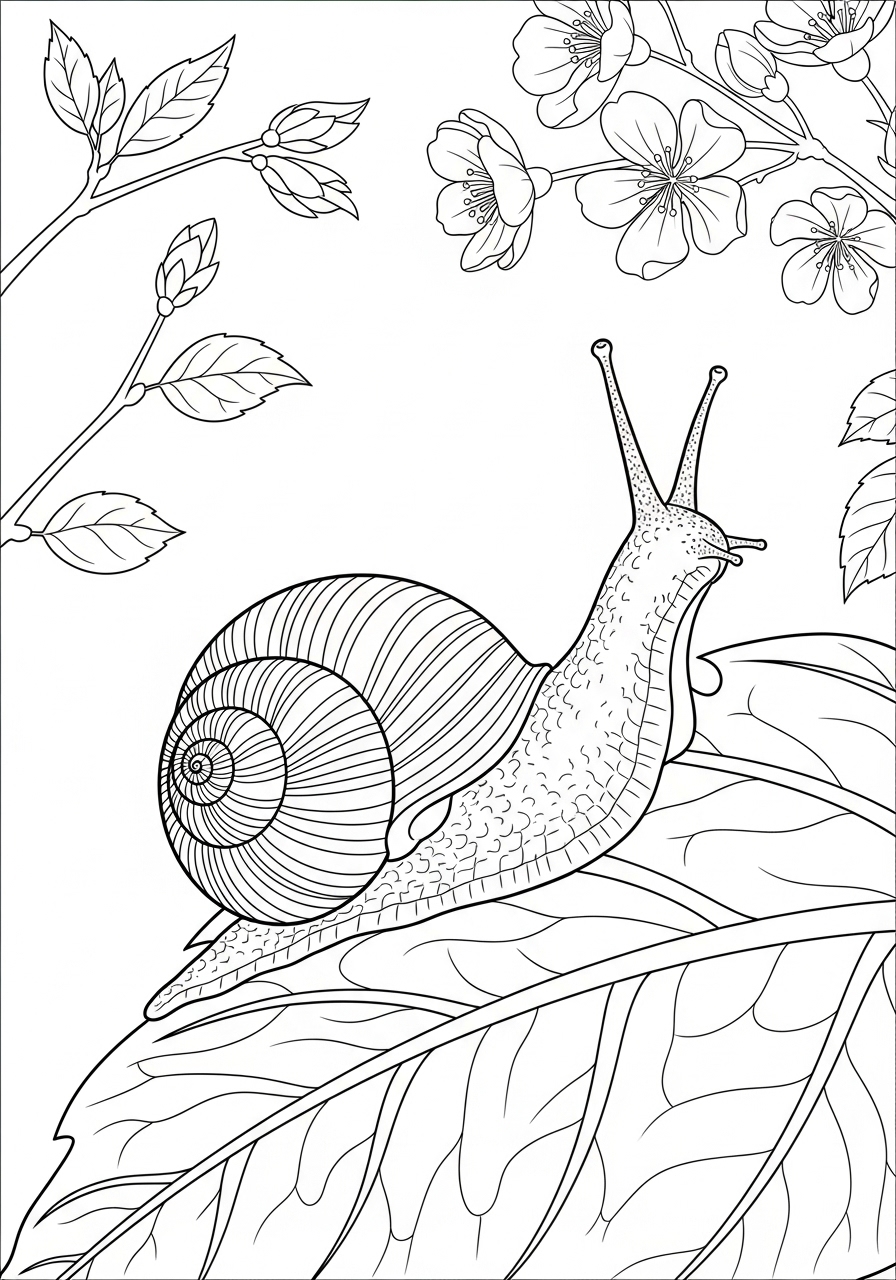 Desenho de Primavera com caracol em uma folha e flores