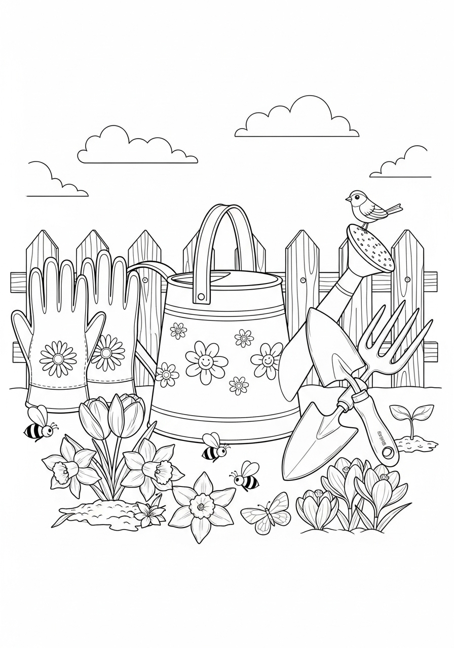 Desenho de Primavera com ferramentas de jardinagem para colorir