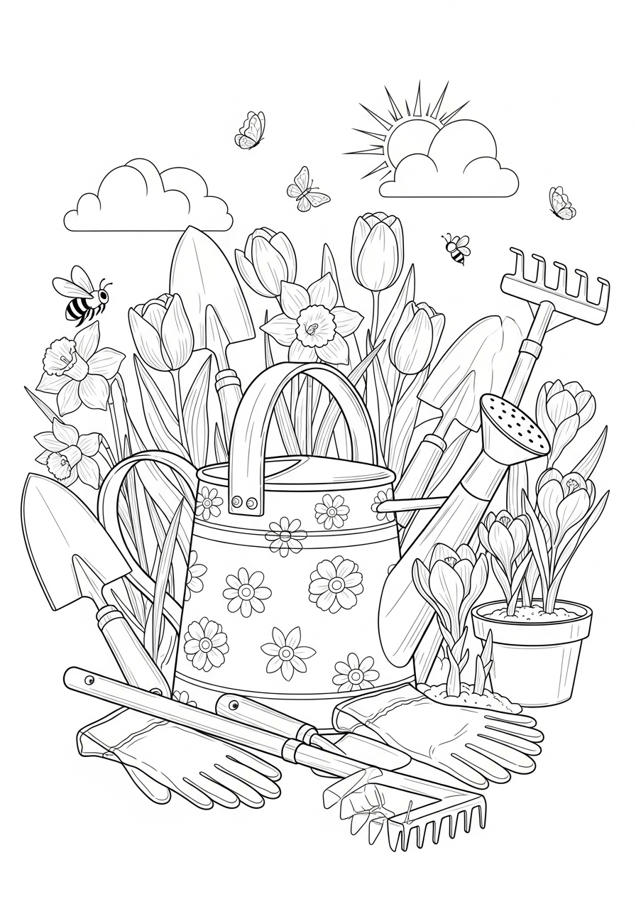 Desenho de Primavera com regador e flores para colorir