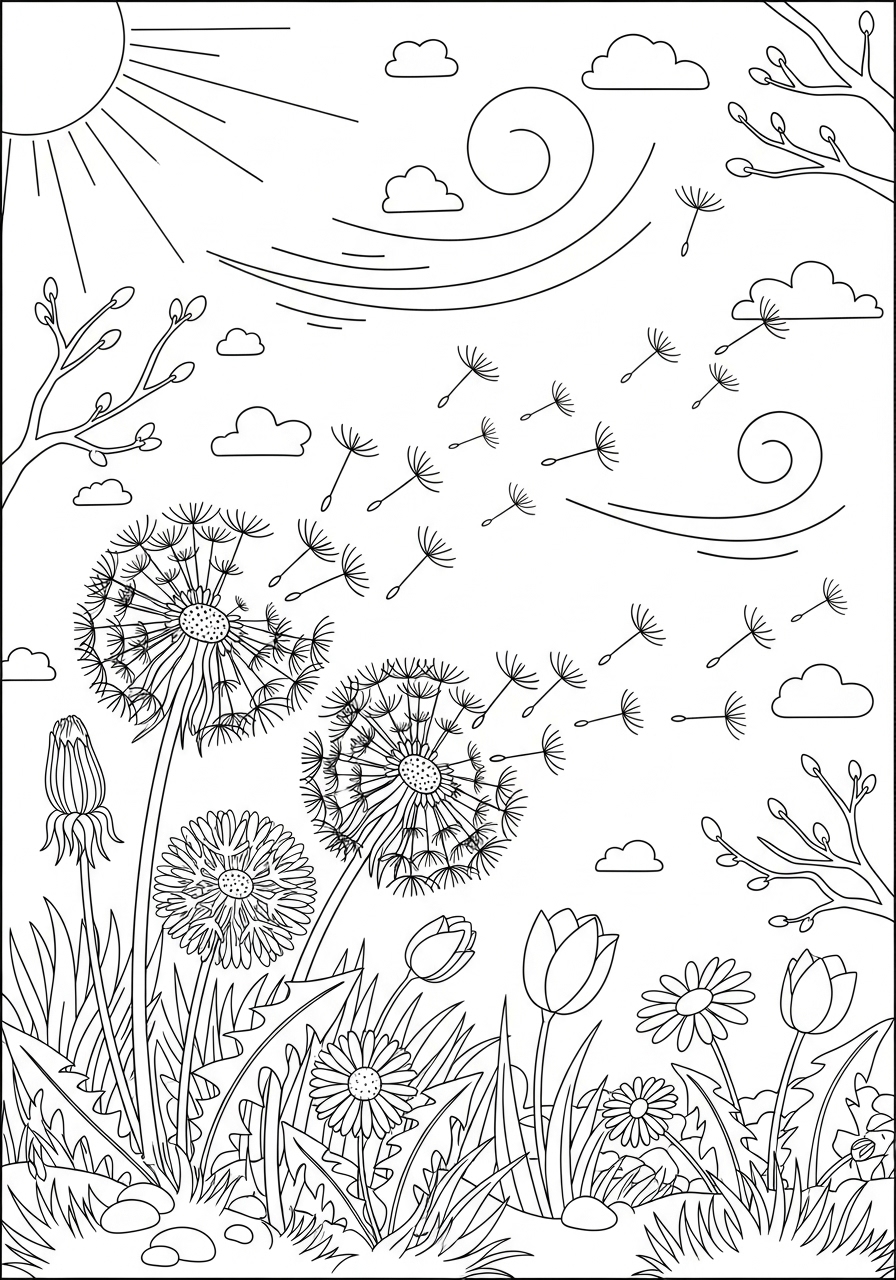 Desenho de Primavera com flores e nuvens para colorir