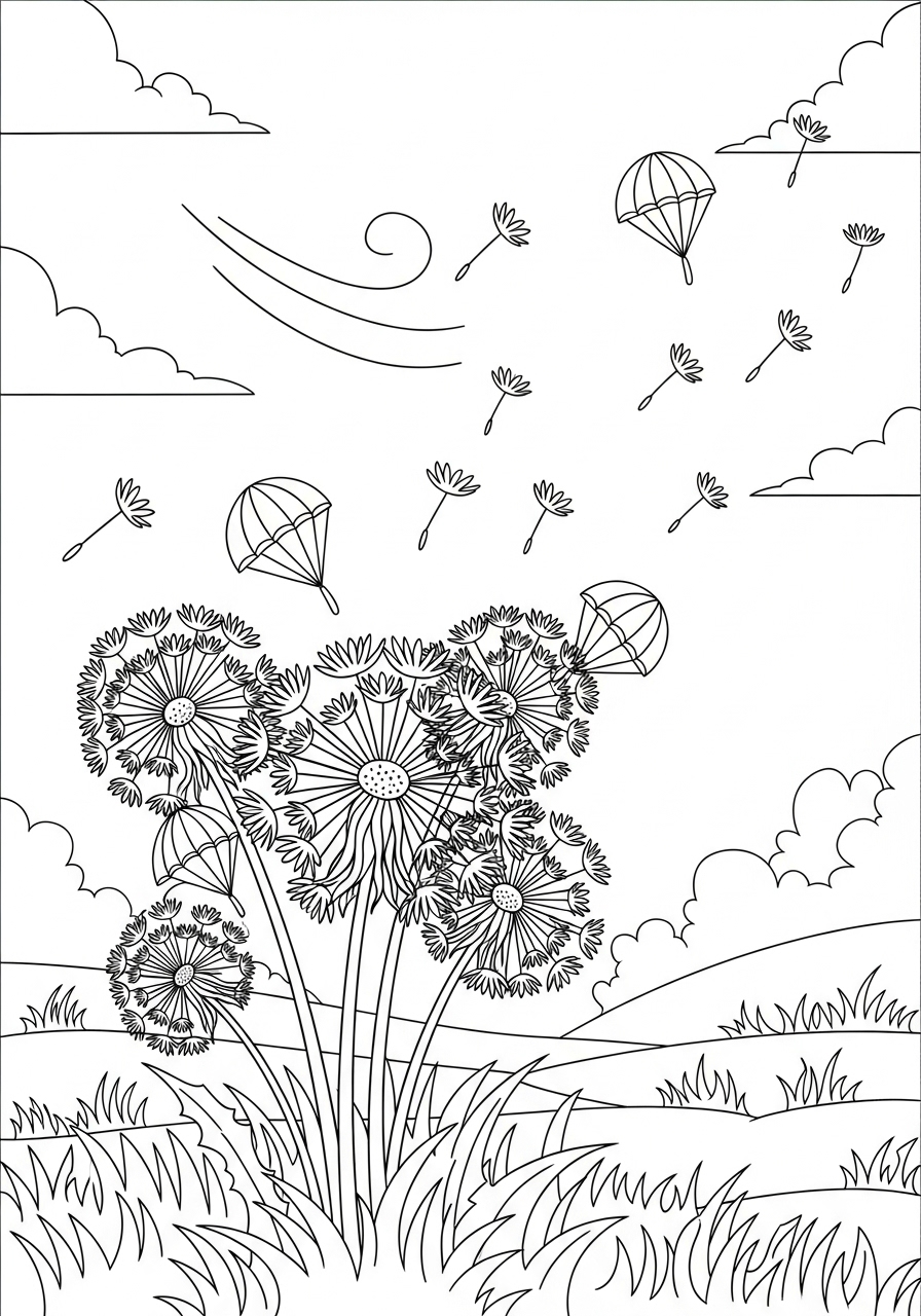 Desenho de Primavera com flores e sementes flutuando