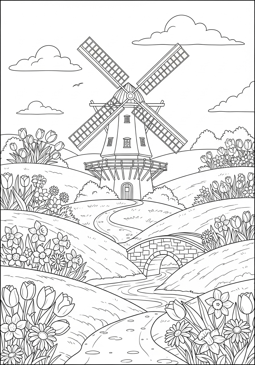 Desenho de Primavera com moinho flores e cenário natural