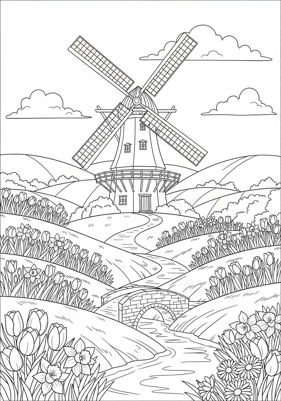 Desenho de Primavera com moinho de vento e flores para colorir
