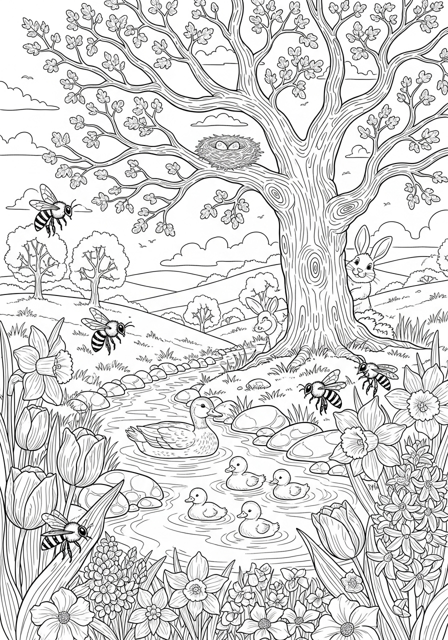 Desenho de Primavera com árvores flores e animais para colorir
