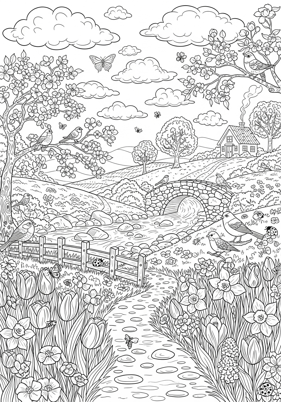 Desenho de Primavera com paisagem florida e animais