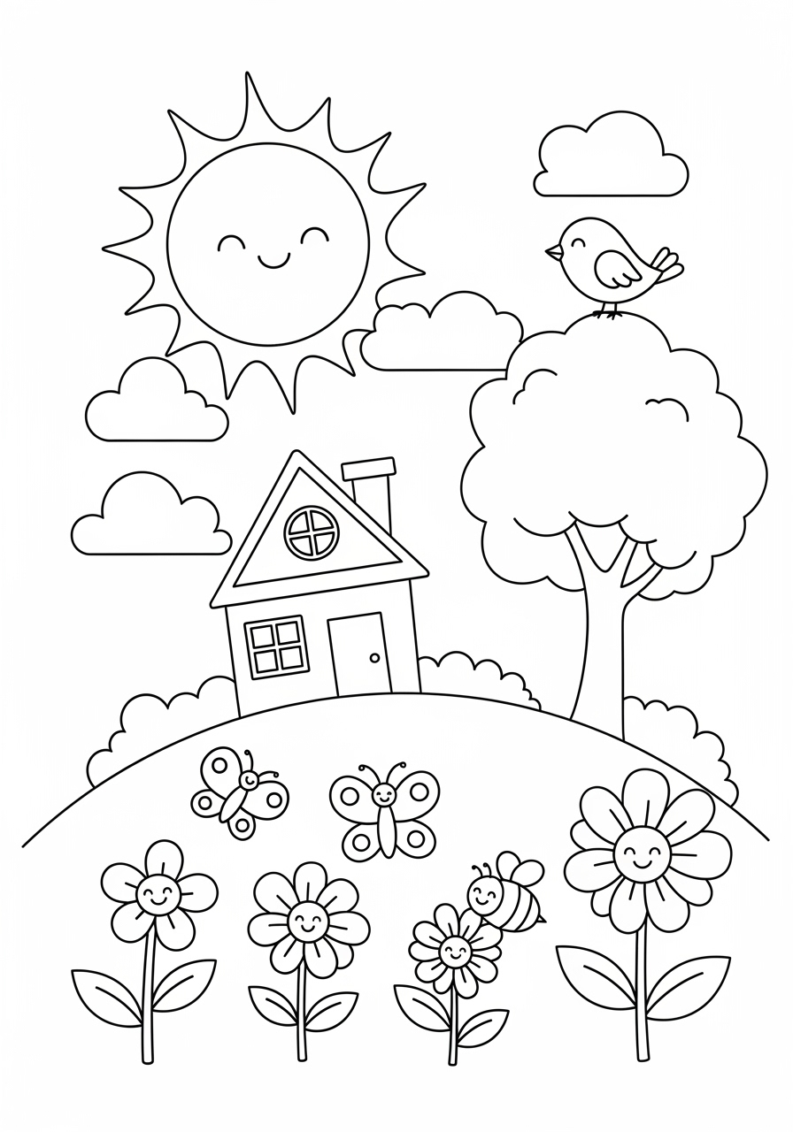 Desenho de Primavera com sol casa árvore e flores para colorir