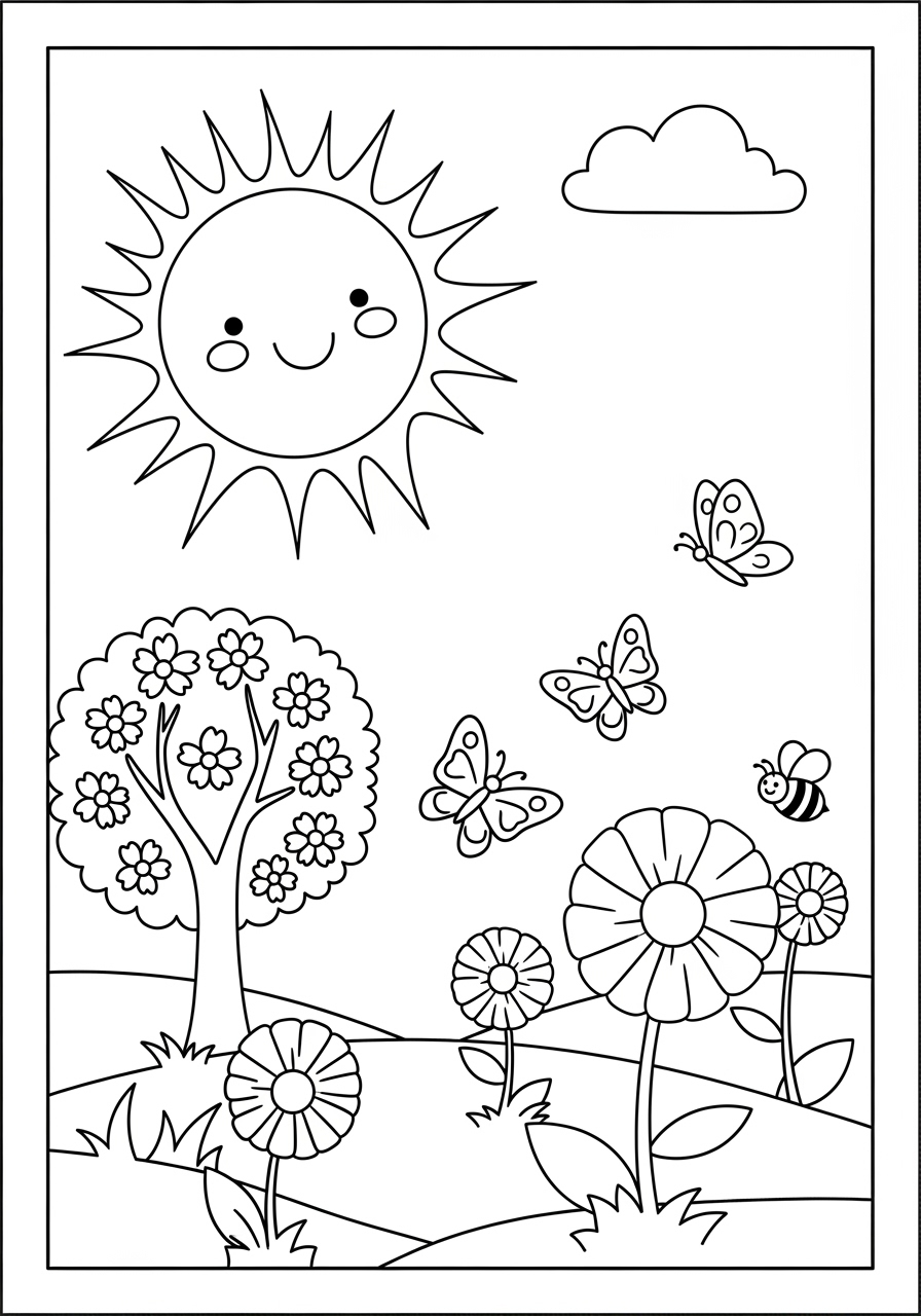 Desenho de Primavera com sol árvores flores e borboletas
