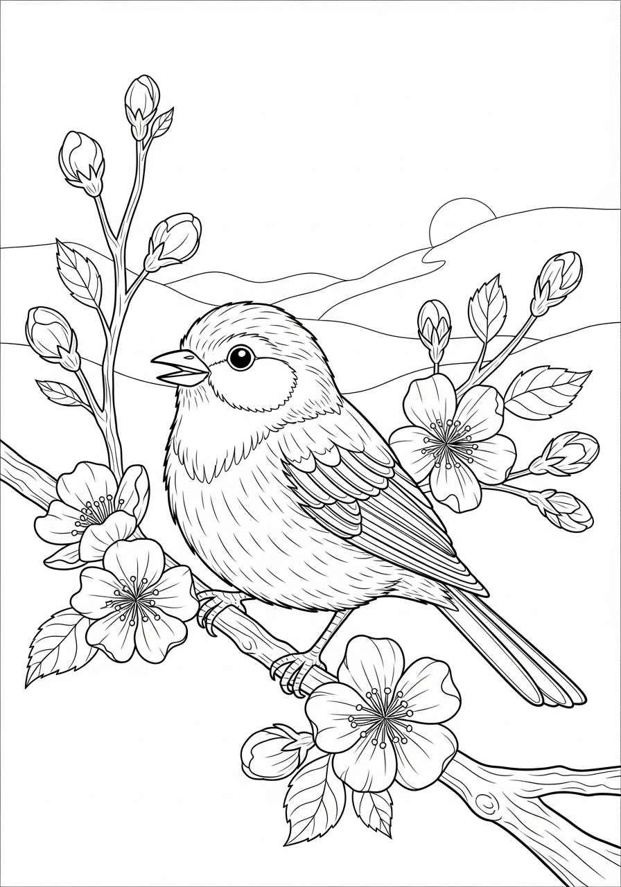 Desenho de Primavera com passarinho e flores para colorir