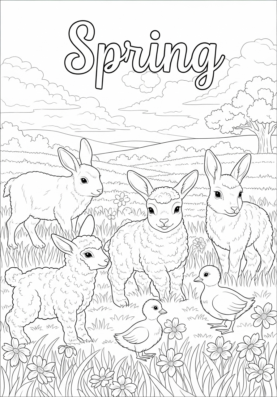 Desenho de Primavera com coelhos ovelhas e pássaros para colorir