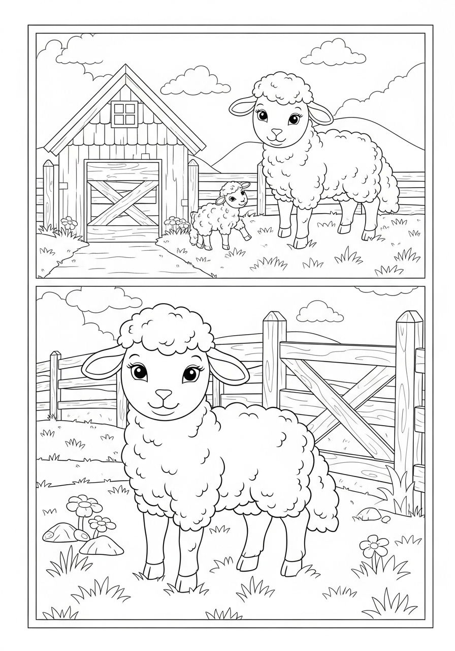 Desenho de Primavera com ovelhas e cercas para colorir