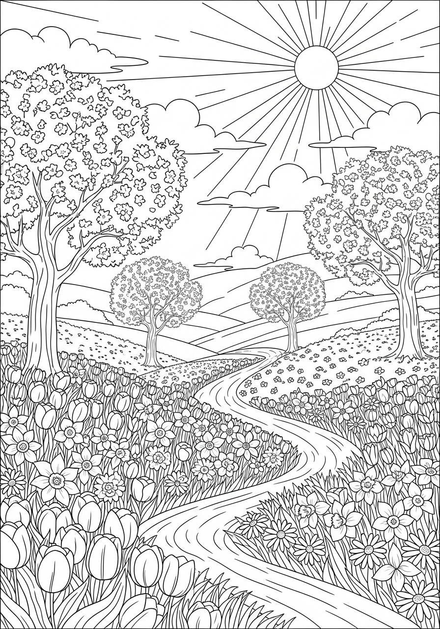 Desenho de Primavera com árvores flores e um caminho para colorir