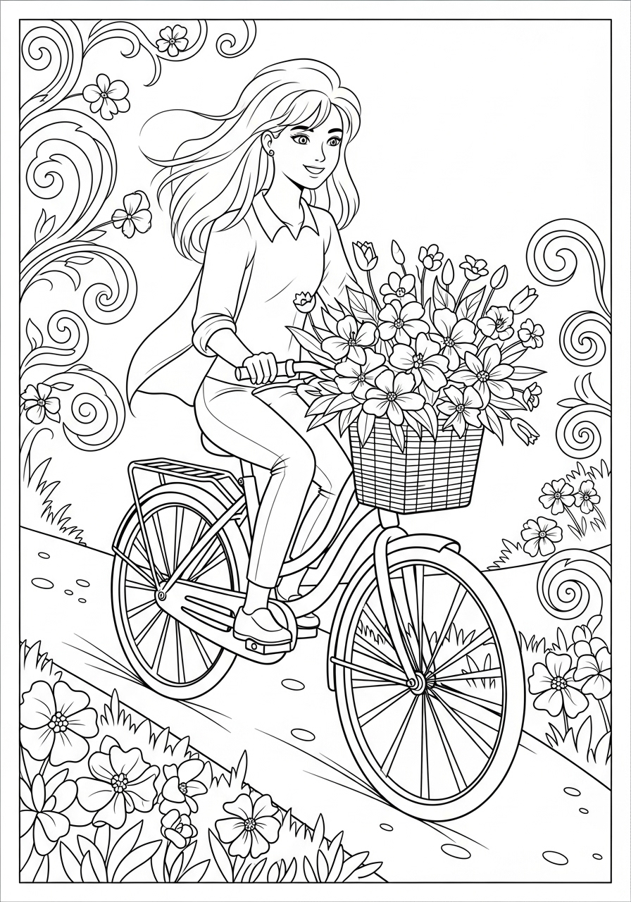 Desenho de Primavera com mulher andando de bicicleta cheia de flores