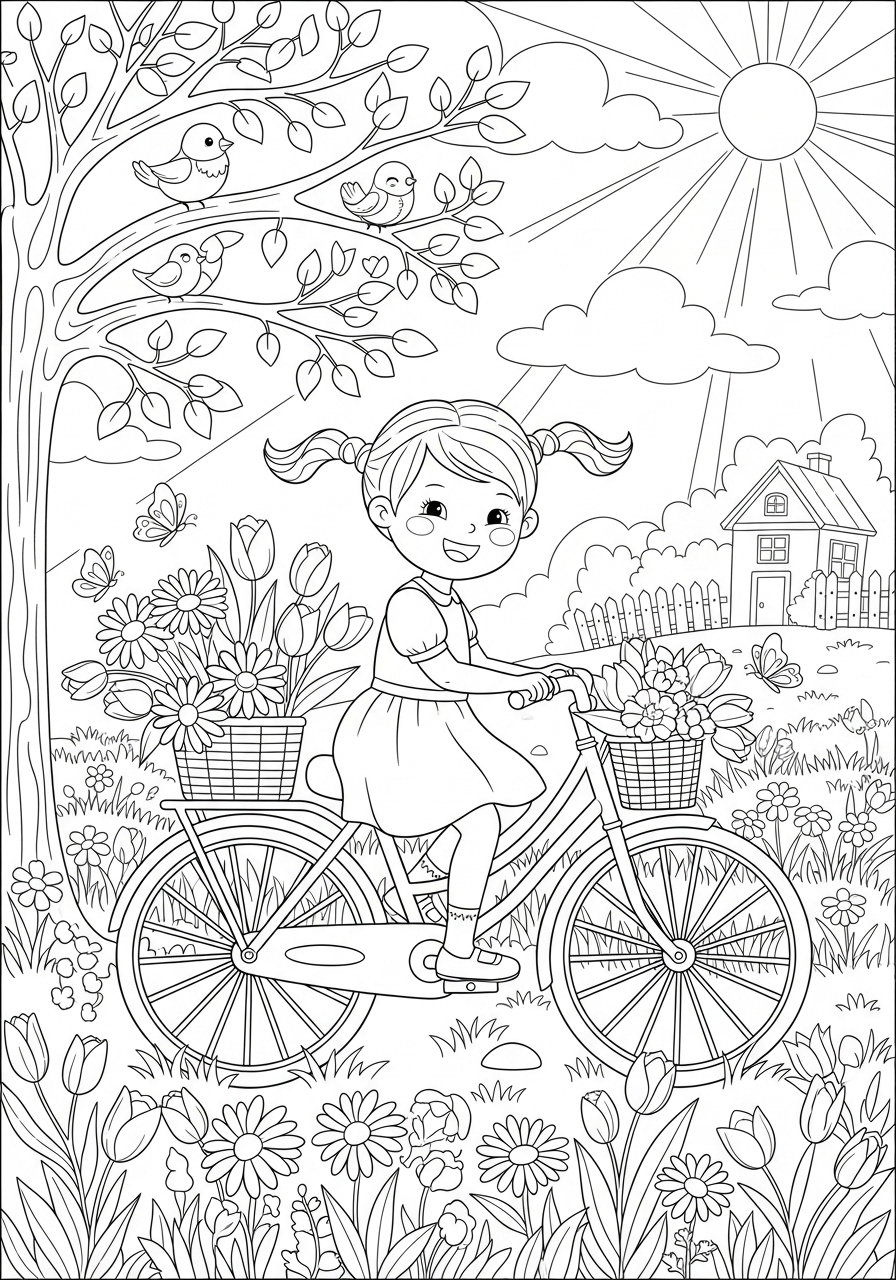 Desenho de Primavera com menina na bicicleta com flores