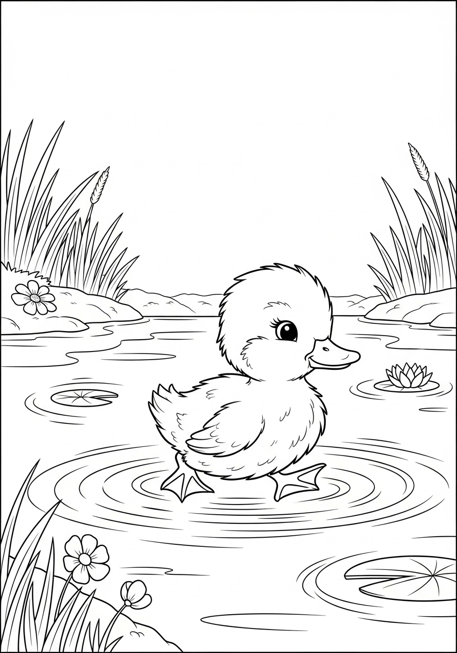Desenho de Primavera com patinho nadando em um lago