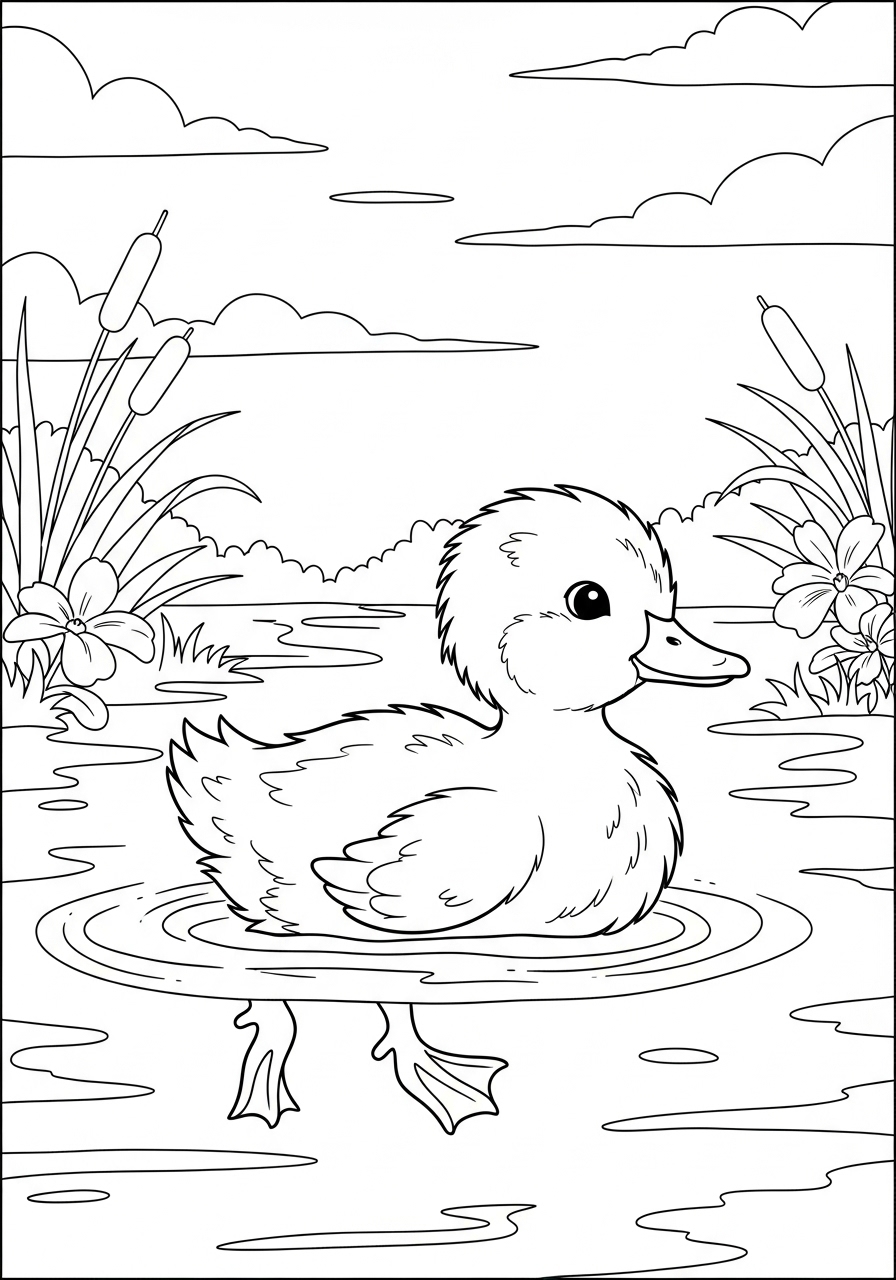 Desenho de Primavera com pato nadando em lagoa para colorir