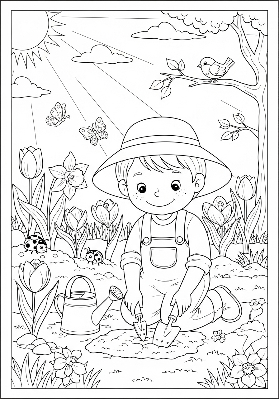 Desenho de Primavera com menino plantando flores para colorir