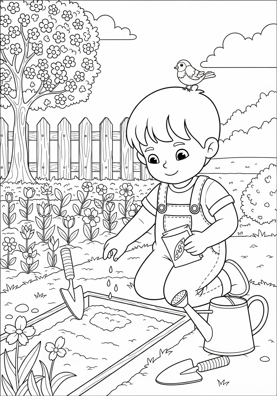 Desenho de Primavera menino plantando em jardim colorir