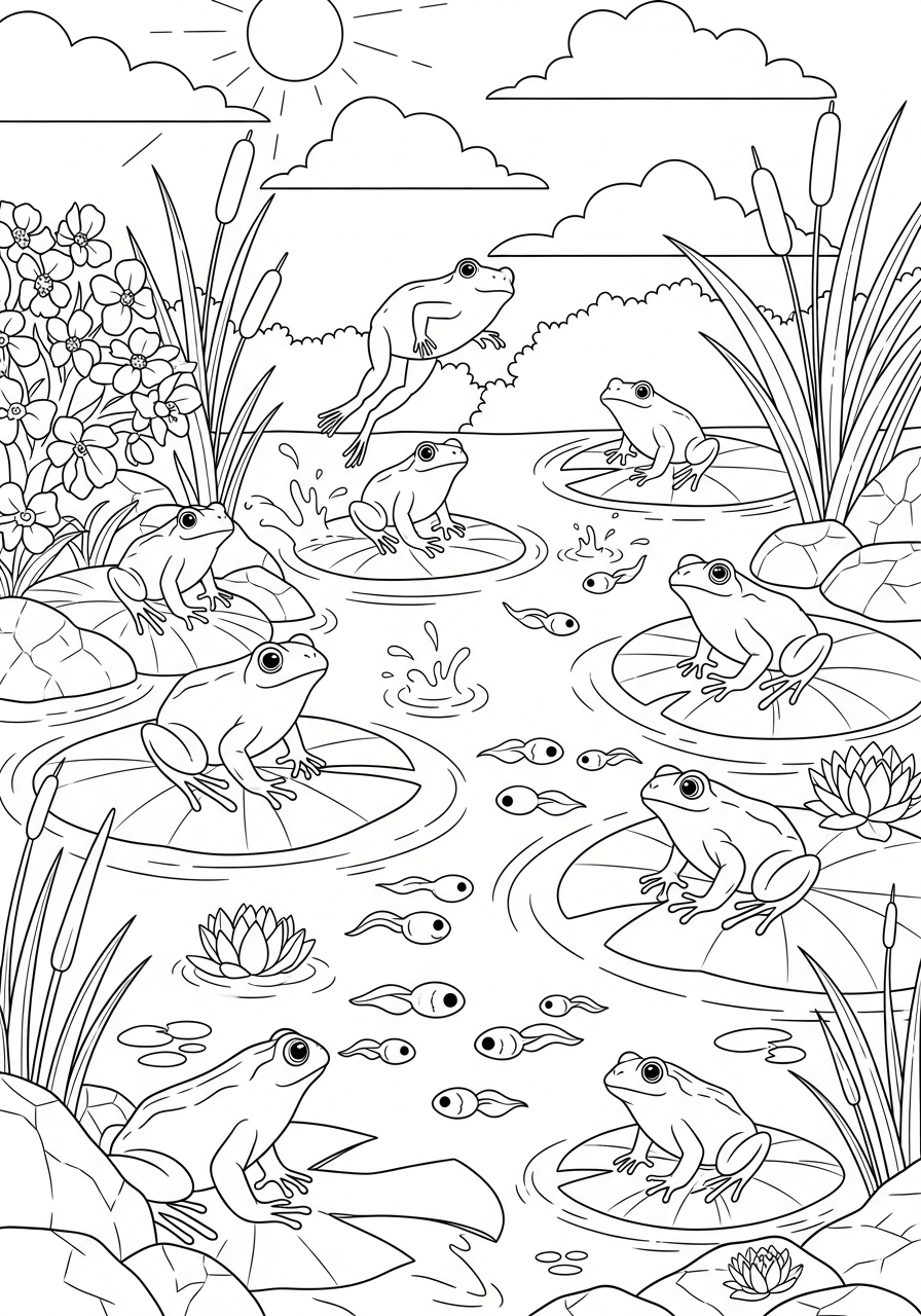 Desenho de Primavera com sapos em lago rodeado de flores