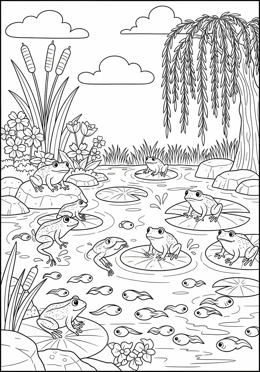 Desenho de Primavera com sapos em lagoa para colorir