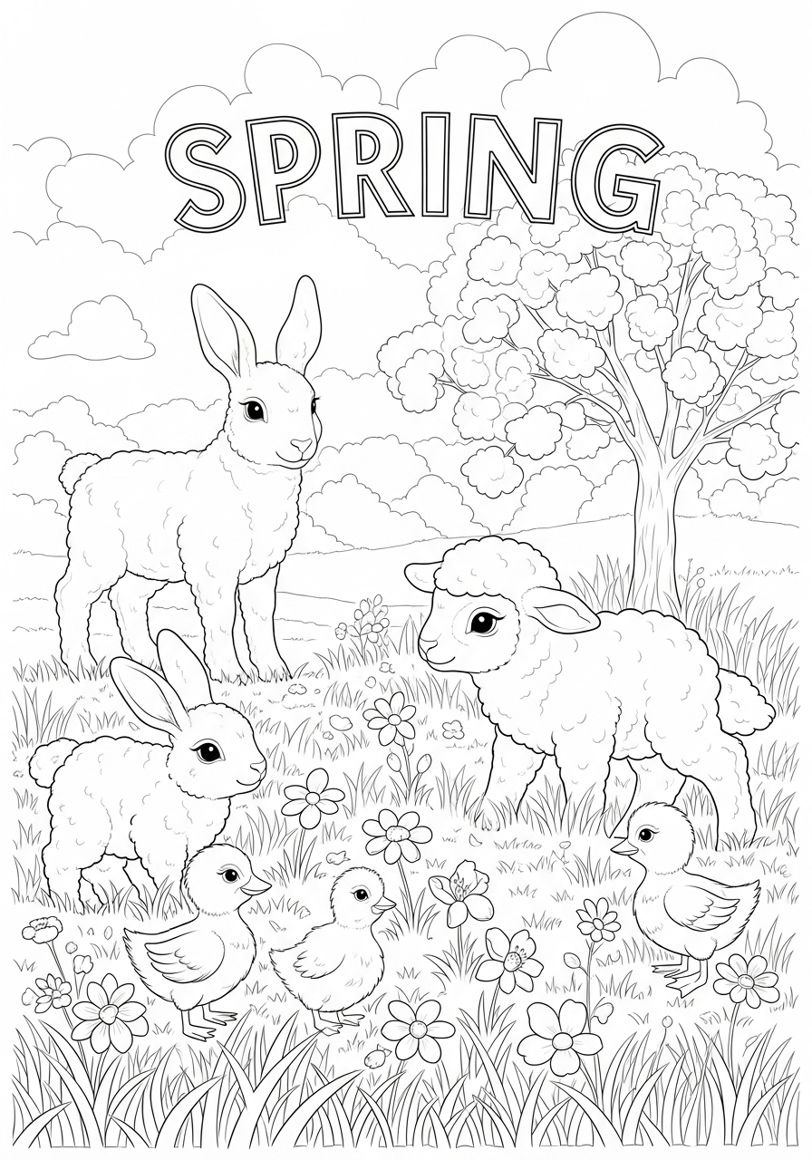 Desenho de Primavera com coelhos ovelhas e pintinhos para colorir